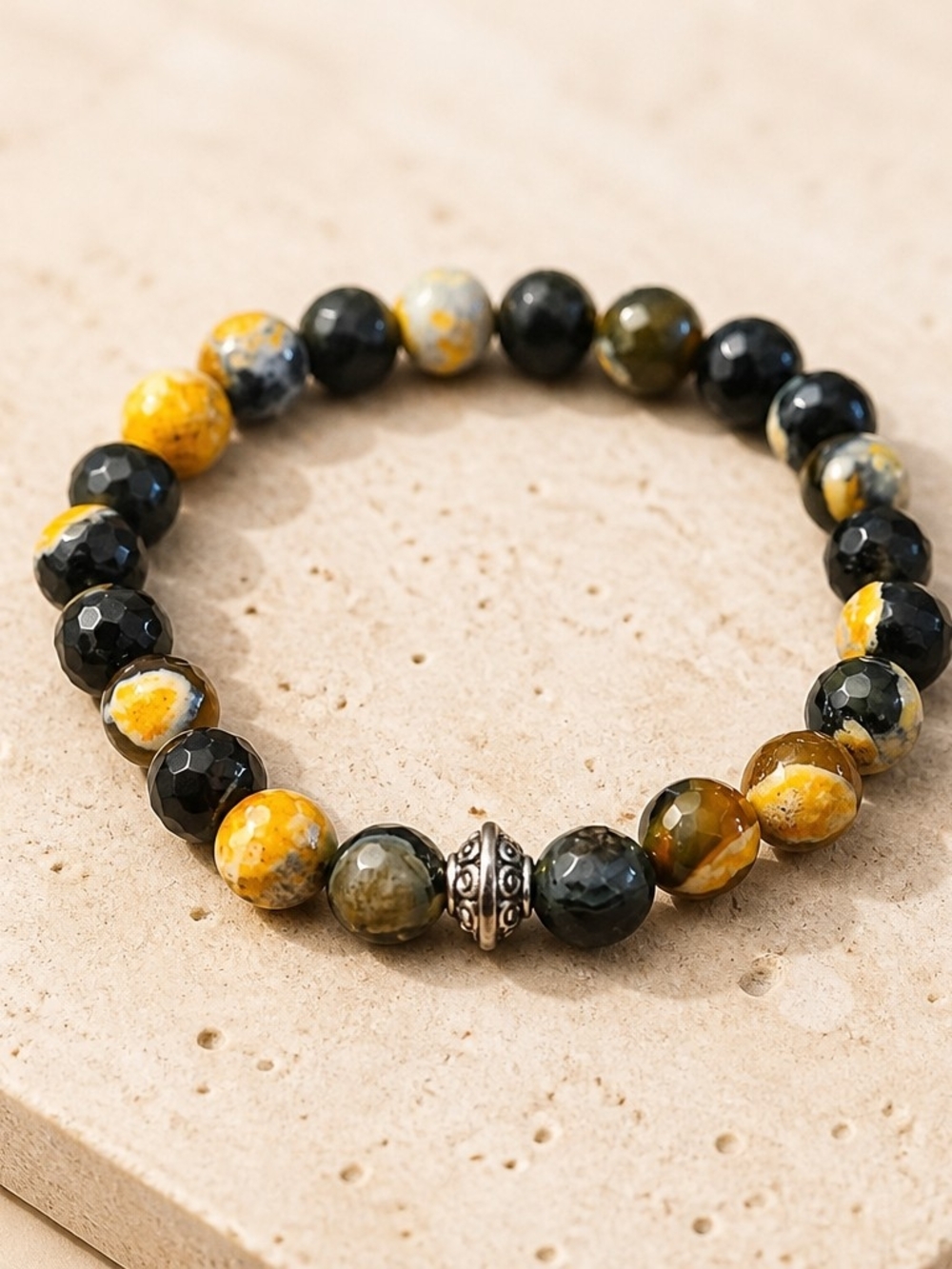 Faceted Black & Yellow Bumblebee Agate Bead Stretch Bracelet